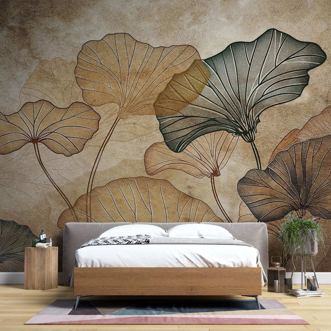Tapet personalizat leaf cu frunze de lotus stilizate in nuante de maro si gri pe un fundal cu aspect de hartie veche evocand o atmosfera vintage si artistica old paper lotus