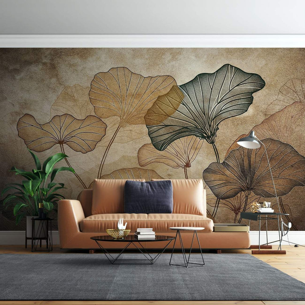 Tapet personalizat leaf cu frunze de lotus stilizate in nuante de maro si gri pe un fundal cu aspect de hartie veche evocand o atmosfera vintage si artistica old paper lotus