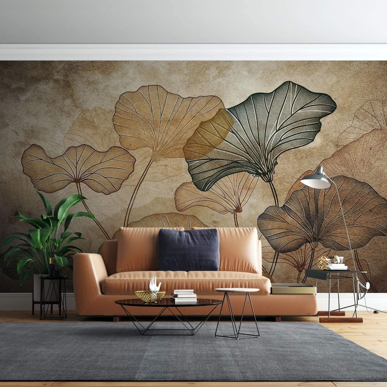 tapet personalizat leaf cu frunze de lotus stilizate in nuante de maro si gri pe un fundal cu aspect de hartie veche evocand o atmosfera vintage si artistica old paper lotus