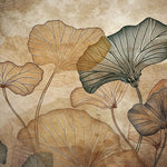 Tapet personalizat leaf cu frunze de lotus stilizate in nuante de maro si gri pe un fundal cu aspect de hartie veche evocand o atmosfera vintage si artistica old paper lotus
