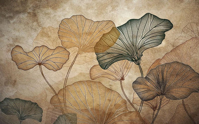 tapet personalizat leaf cu frunze de lotus stilizate in nuante de maro si gri pe un fundal cu aspect de hartie veche evocand o atmosfera vintage si artistica old paper lotus