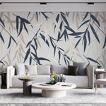 Tapet Personalizat Leaf cu frunze de bambus albe si albastre - BLUEISH BEIGE BAMBOO