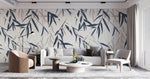 Tapet Personalizat Leaf cu frunze de bambus albe si albastre - BLUEISH BEIGE BAMBOO