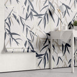 Tapet Personalizat Leaf cu frunze de bambus albe si albastre - BLUEISH BEIGE BAMBOO