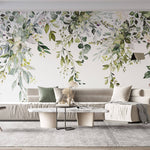 Tapet Personalizat Leaf cu elemente florale si frunze pictate pe fundal alb - FLORAL LEAF