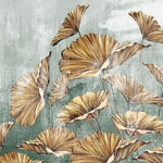 Tapet Personalizat Leaf cu frunze mari aramii pe fundal verde texturat - GOLDEN LEAVES GREEN