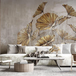 Tapet Personalizat Leaf cu frunze mari aramii pe fundal bej texturat - GOLDEN LEAVES BEIGE