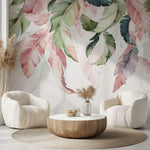 Tapet Personalizat Leaf cu frunze in stil watercolor in nuante de verde si roz - PINKY HANGING LEAVES