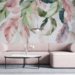 Tapet Personalizat Leaf cu frunze in stil watercolor in nuante de verde si roz - PINKY HANGING LEAVES