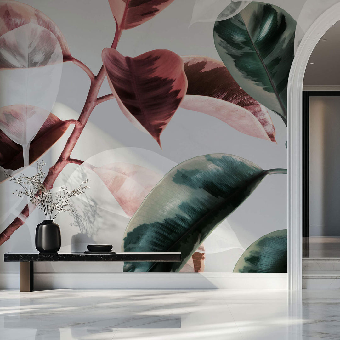 Tapet Personalizat Leaf cu frunze de ficus in nuante de rosu si verde - CONTRAST FICUS