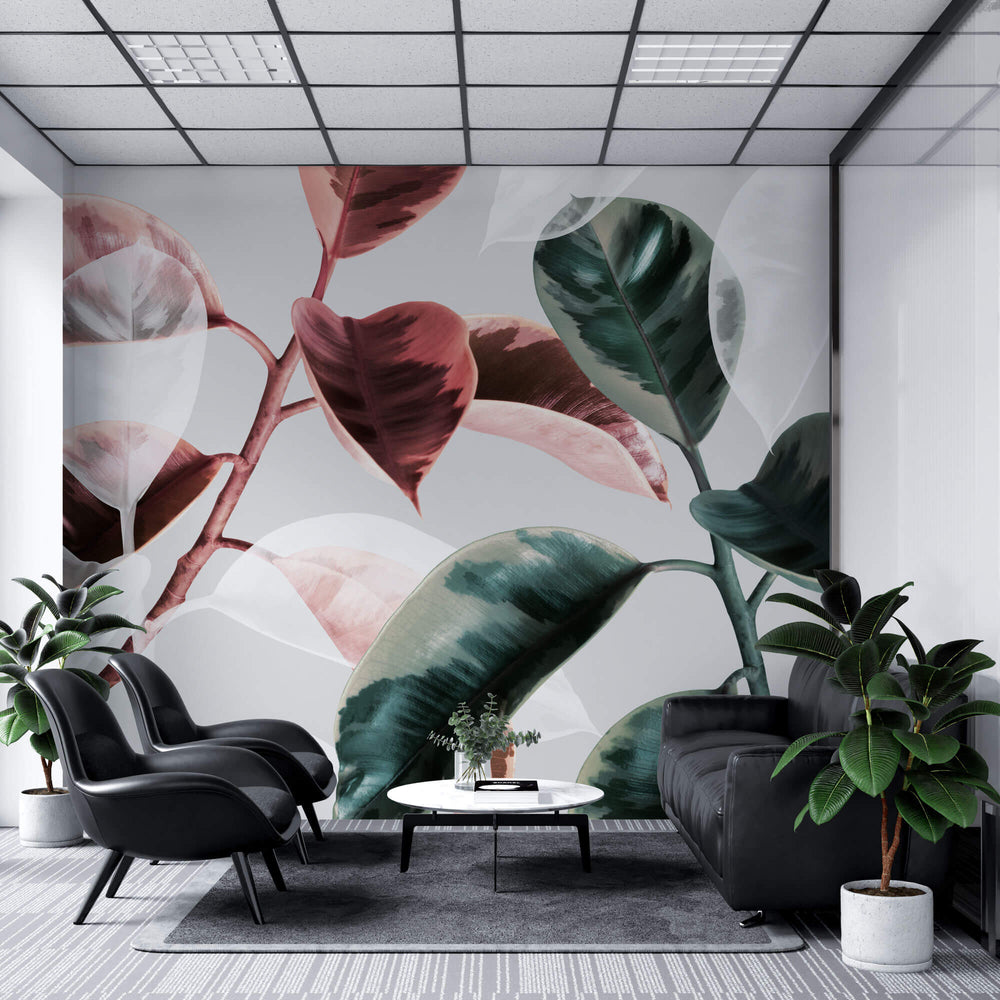 Tapet Personalizat Leaf cu frunze de ficus in nuante de rosu si verde - CONTRAST FICUS