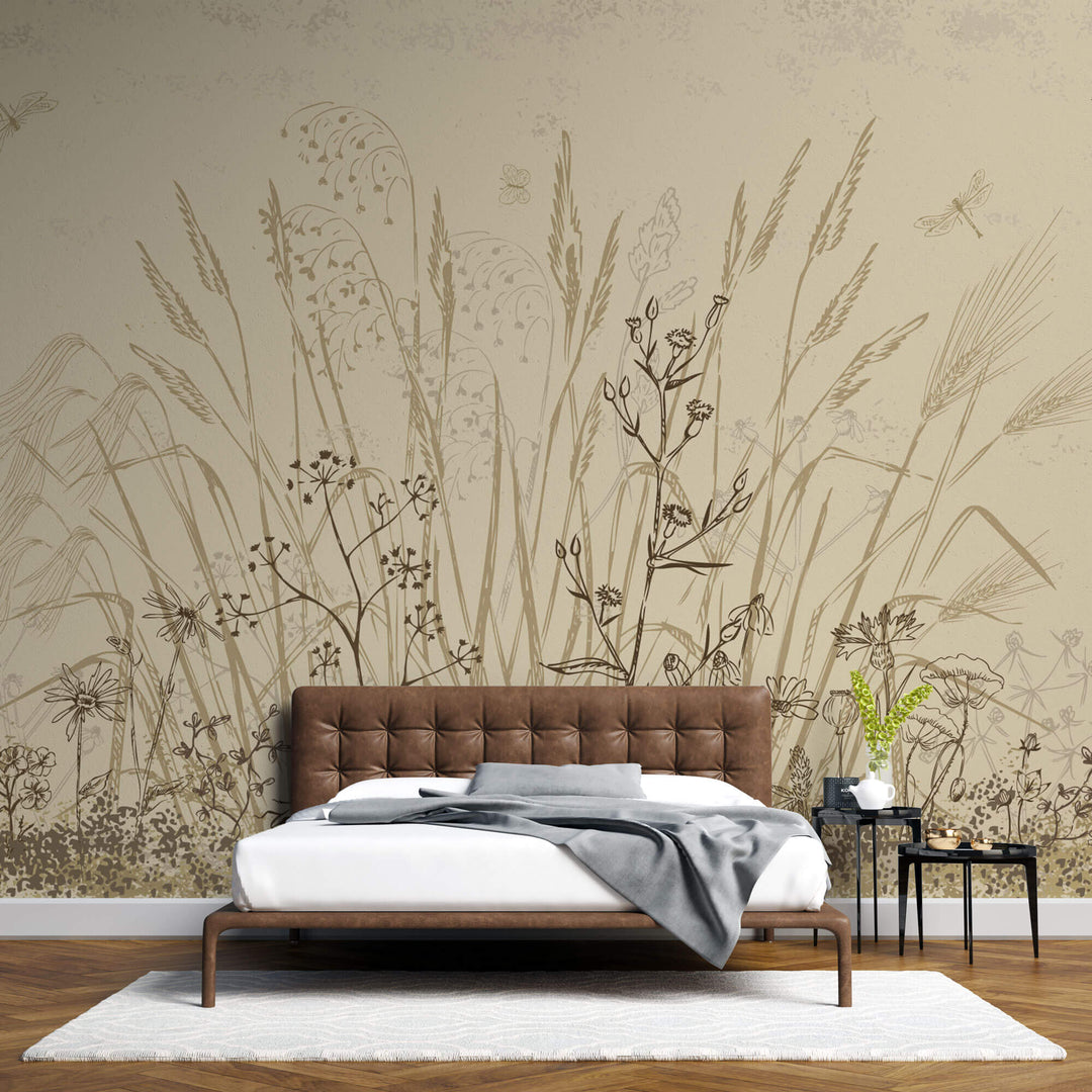 Tapet Personalizat Leaf cu frunze si plante de camp abstracte in nuante de bej si crem 3 - BEIGE FLORAL SKETCH