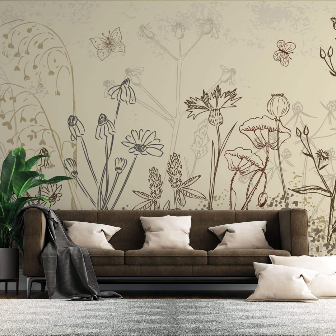 Tapet Personalizat Leaf cu frunze si plante de camp abstracte in nuante de bej si crem 4 - FLORAL SKETCH LANDSCAPE