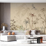 Tapet Personalizat Leaf cu frunze si plante de camp abstracte in nuante de bej si crem 4 - FLORAL SKETCH LANDSCAPE