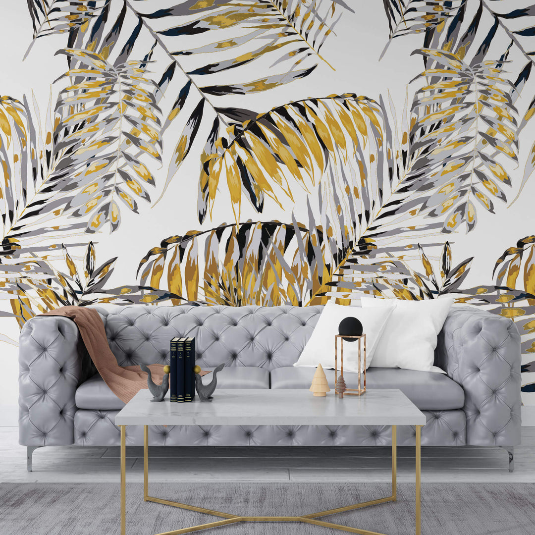 Tapet Personalizat Leaf cu frunze de palmier galbene cu gri - FUNKY YELLOW