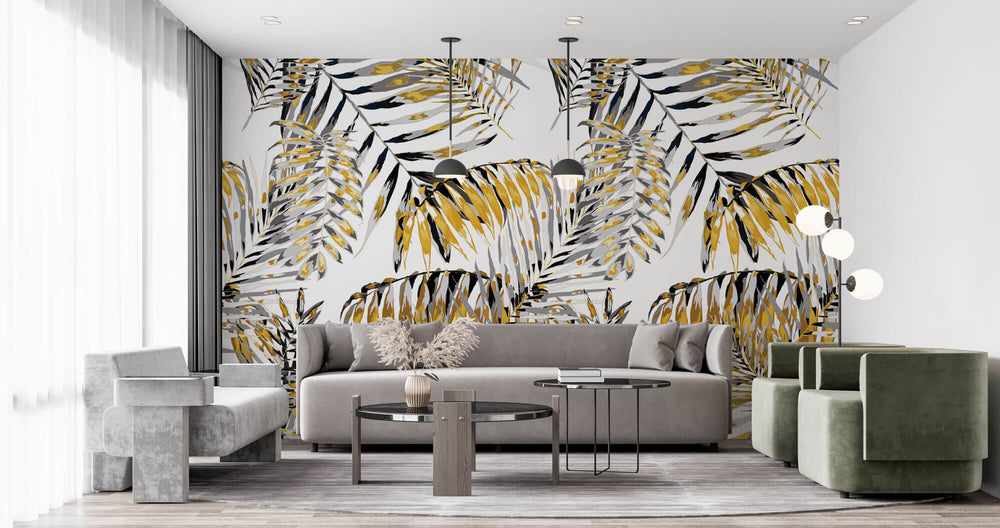 Tapet Personalizat Leaf cu frunze de palmier galbene cu gri - FUNKY YELLOW