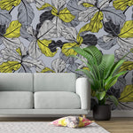 Tapet Personalizat Leaf cu frunze in nuante de gri si accente galbene - YELLOW ACCENT LEAF
