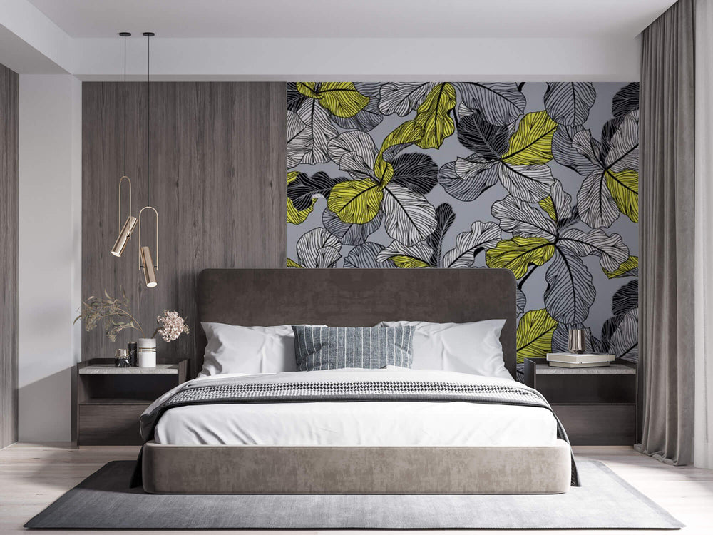 Tapet Personalizat Leaf cu frunze in nuante de gri si accente galbene - YELLOW ACCENT LEAF