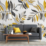 Tapet Personalizat Leaf cu frunze galbene si gri - CRAYON YELLOW LEAVES