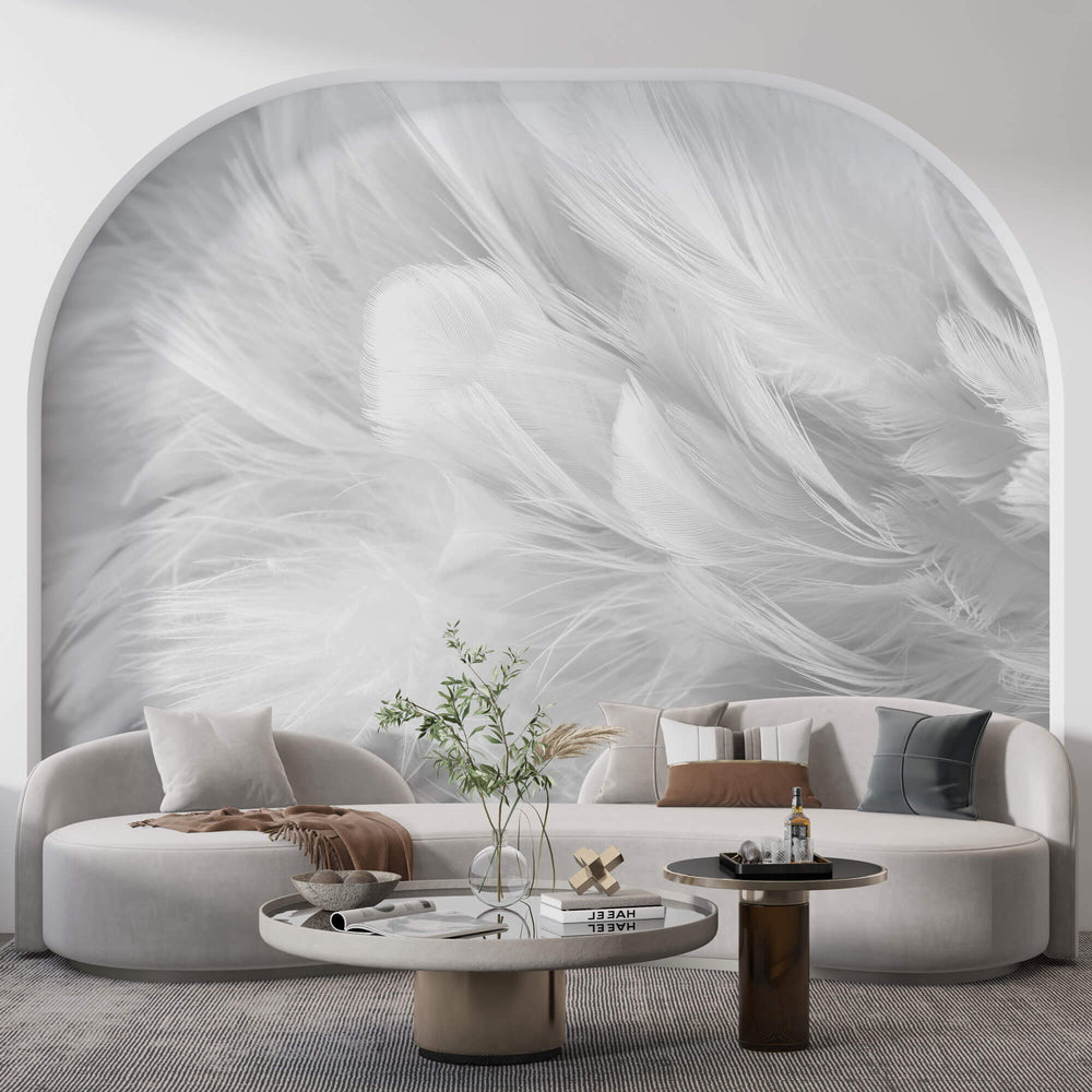Tapet Personalizat Leaf cu pene albe si gri - SOFT WHITE FEATHERS