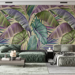 Tapet Personalizat Leaf cu frunze tropicale in nuante de verde si mov - PURPLE EXOTIC
