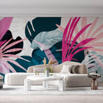Tapet Personalizat Leaf cu frunze exotice roz si albastre - PINK BEFORE BLUE