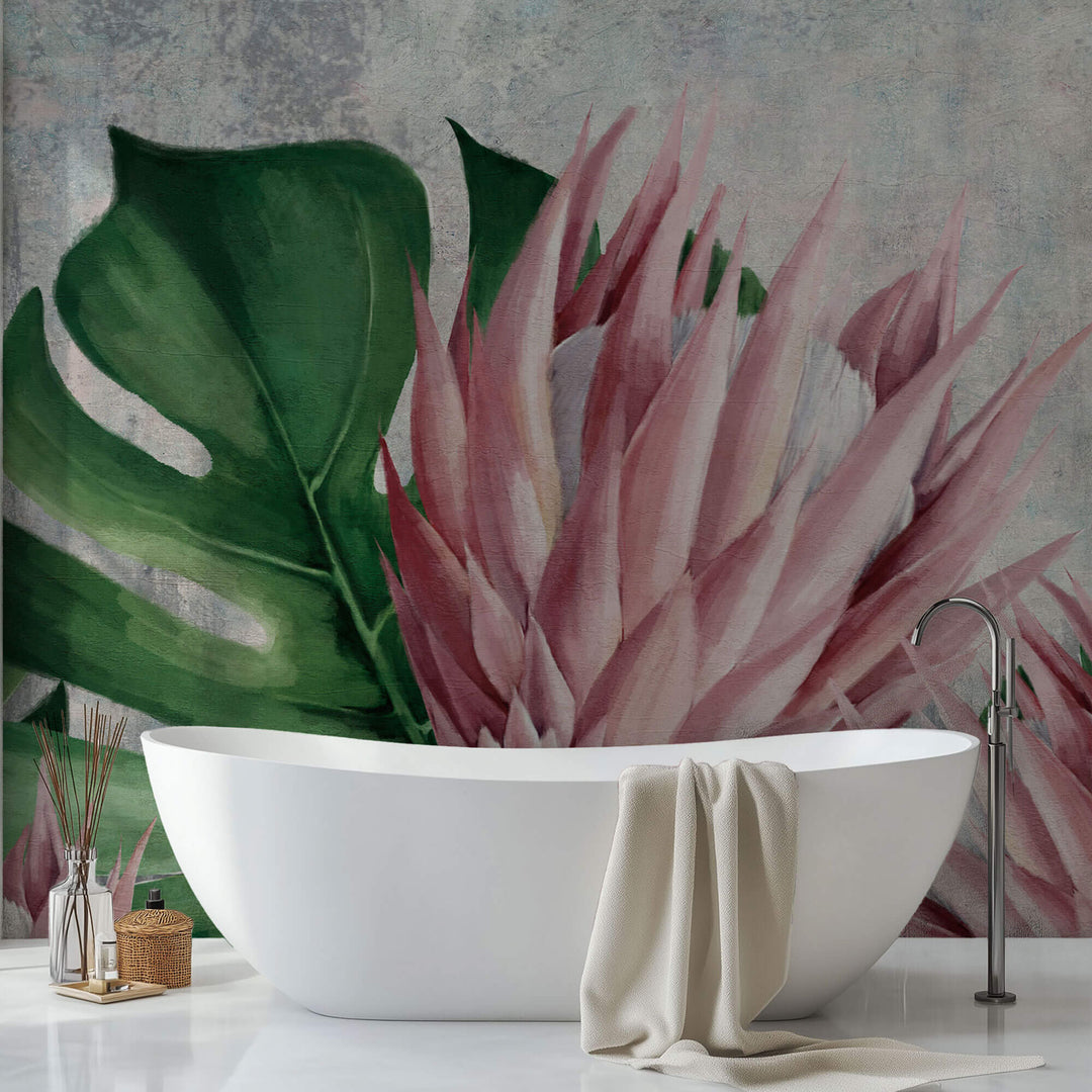 Tapet Personalizat Leaf cu flori de protea si frunze de monstera cu textura de stucco - PROTEA FLOWER