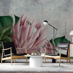 Tapet Personalizat Leaf cu flori de protea si frunze de monstera cu textura de stucco - PROTEA FLOWER