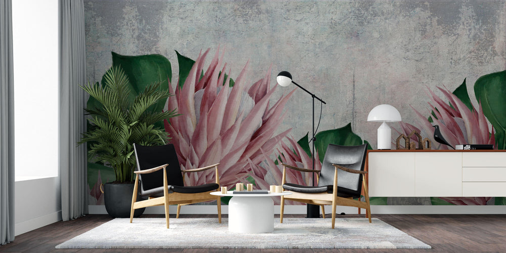 Tapet Personalizat Leaf cu flori de protea si frunze de monstera cu textura de stucco - PROTEA FLOWER