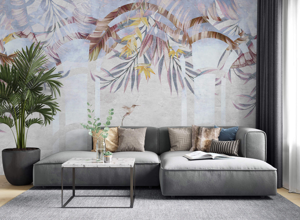 Tapet Personalizat Leaf cu ilustratie florala in arcade texturate - TROPICAL ARCHES