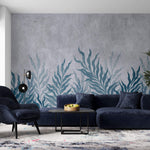 Tapet Personalizat Leaf cu frunze oundulate albastre pe fundal cimentat - CURLY LEAVES