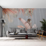 Tapet Personalizat Leaf cu frunze de palmier roz si fundal gri - PINK FEATHER LEAF