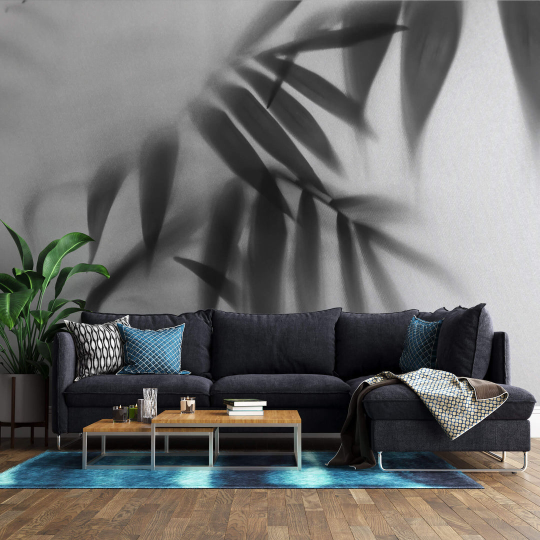 Tapet Personalizat Leaf cu frunze de palmier in spatele perdelei alb negru - BLACK LEAVES ELEGANCE