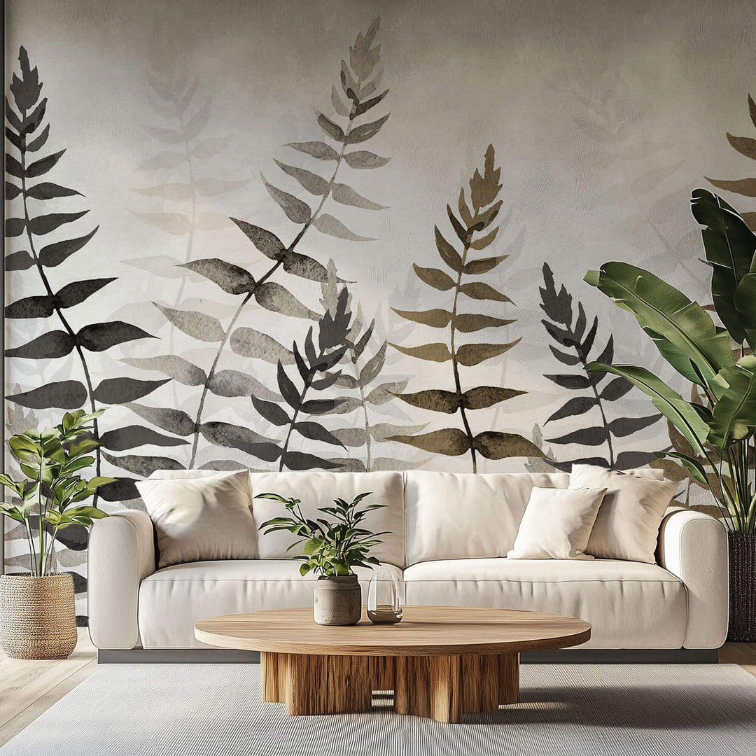 Tapet Personalizat Leaf cu frunze in nuante de bej si gri in stil watercolor - NOVEMBER LEAVES