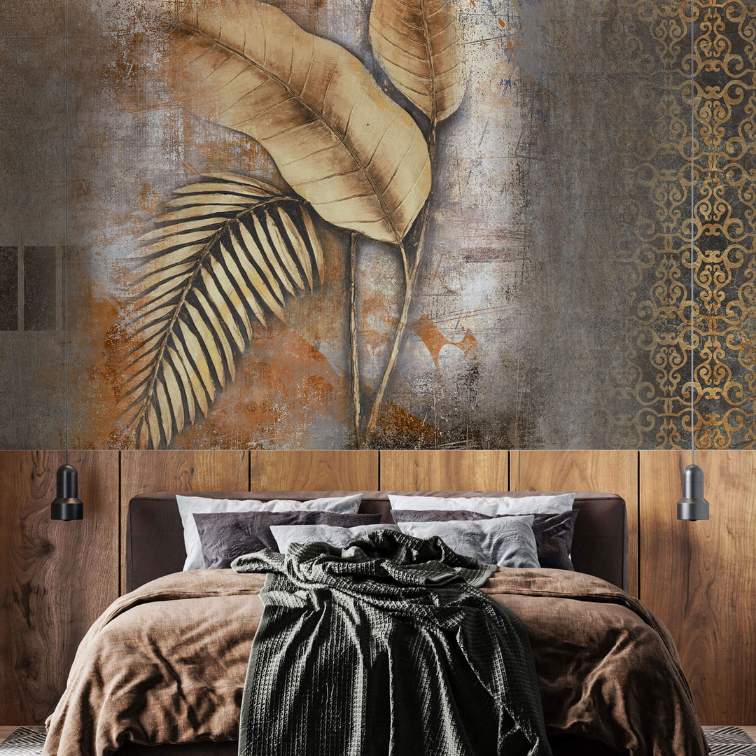 Tapet Personalizat Leaf cu model mixt de frunze si texturi in nuante pamantii - MIXED ART LEAVES