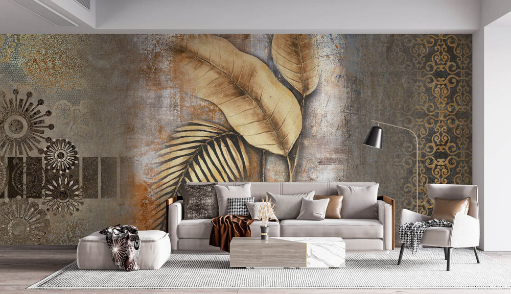 Tapet Personalizat Leaf cu model mixt de frunze si texturi in nuante pamantii - MIXED ART LEAVES