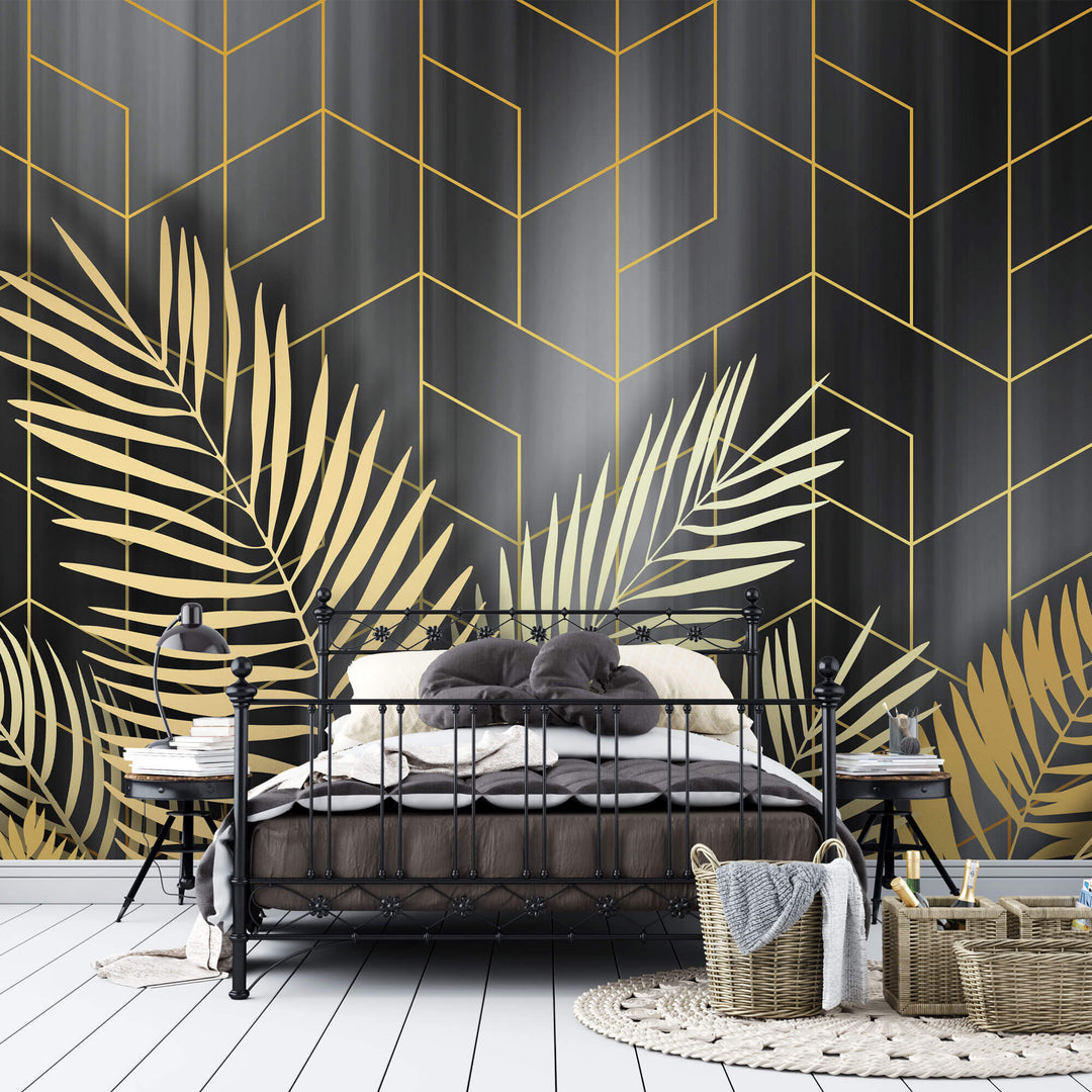 Tapet Personalizat Leaf cu frunze de palmier aurii pe fundal negru - GOLD LEAF GEOMETRIC