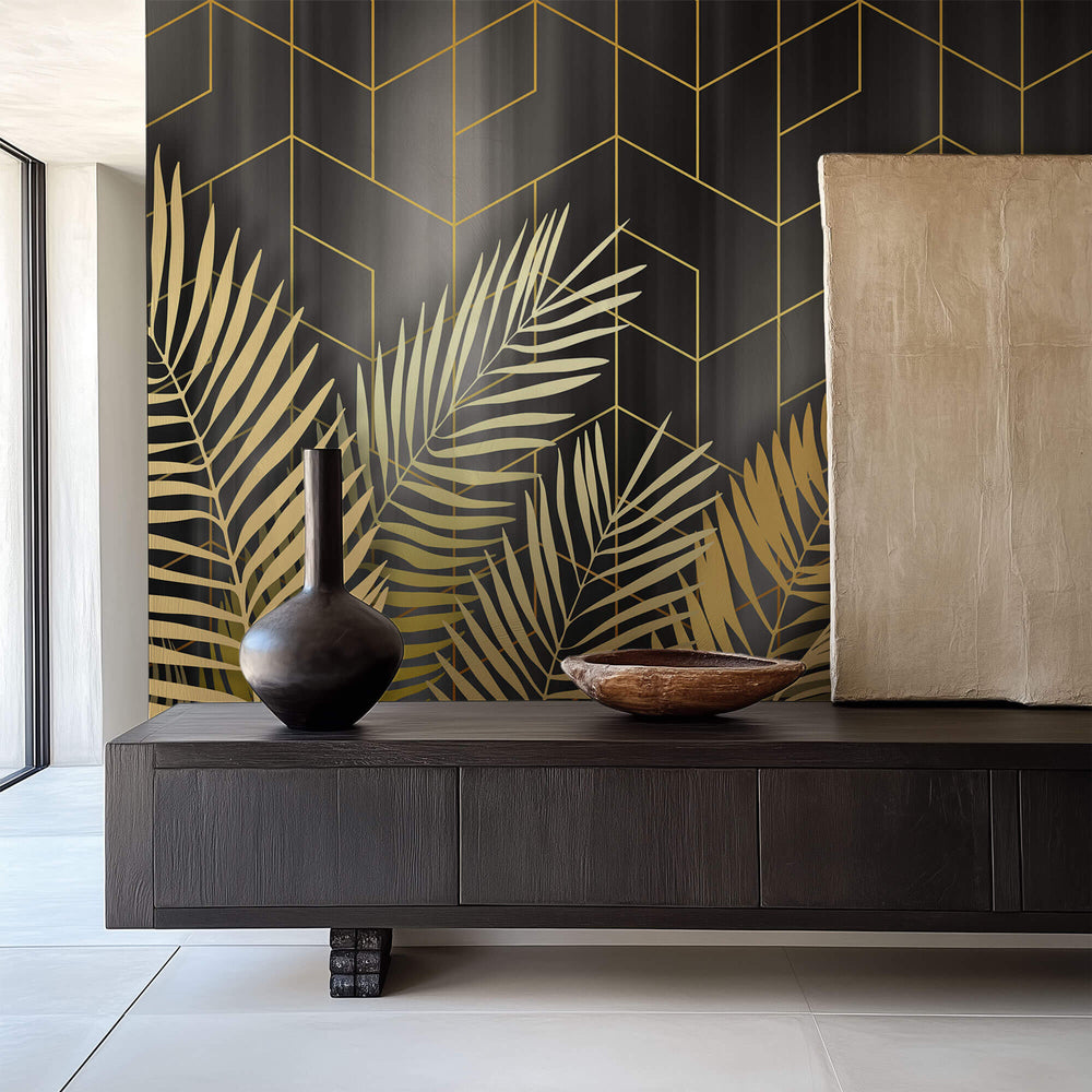 Tapet Personalizat Leaf cu frunze de palmier aurii pe fundal negru - GOLD LEAF GEOMETRIC