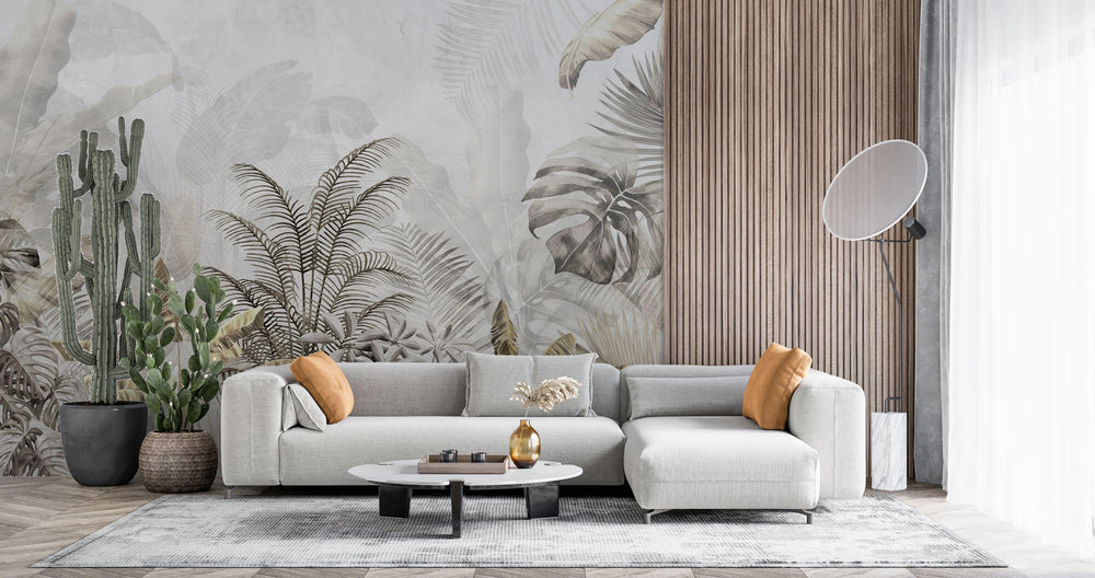 Tapet Personalizat Leaf cu peisaj tropical cu frunze in nuante aramii si gri - BRASSY TROPICAL LEAVES