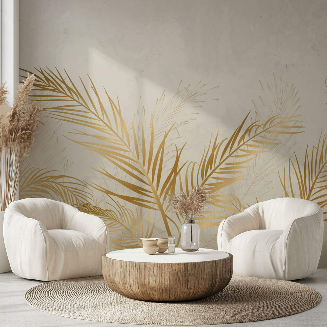 Tapet Personalizat Leaf cu frunze de palmier aurii in vant - BRASSY WIND