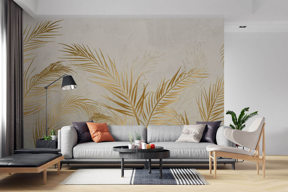 Tapet Personalizat Leaf cu frunze de palmier aurii in vant - BRASSY WIND