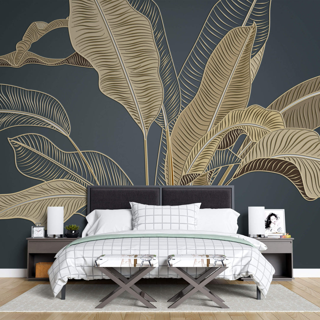 Tapet Personalizat Leaf cu frunze in stil plaster in relief - GOLDEN BANANA LEAF