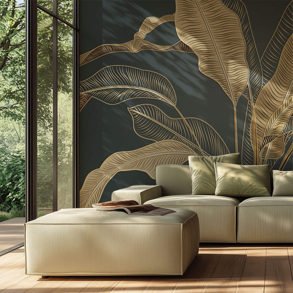 Tapet Personalizat Leaf cu frunze in stil plaster in relief - GOLDEN BANANA LEAF