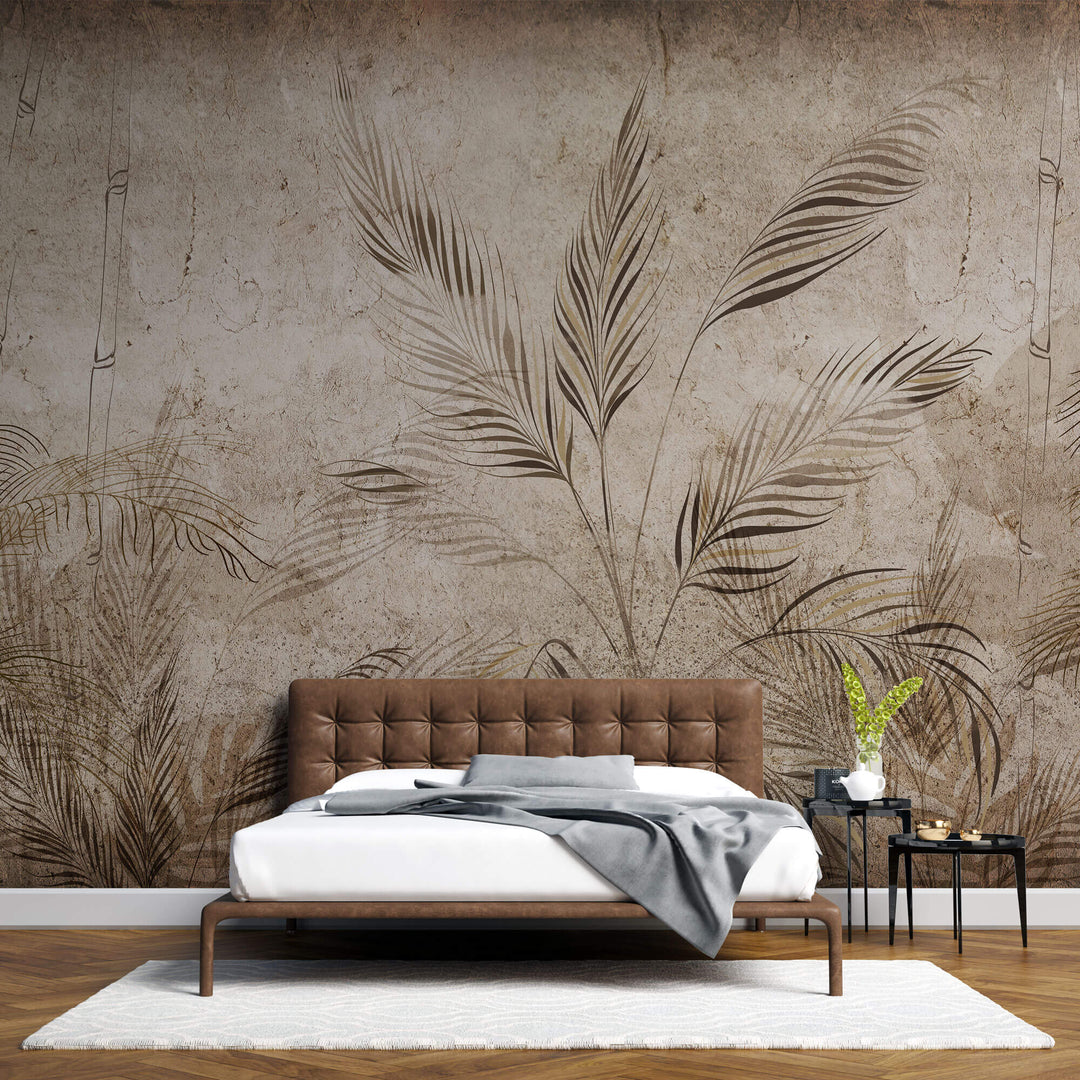 Tapet Personalizat Leaf cu bambus si palmieri pe un fundal texturat in stil vintage deschis - SEPIA LIGHT FOREST