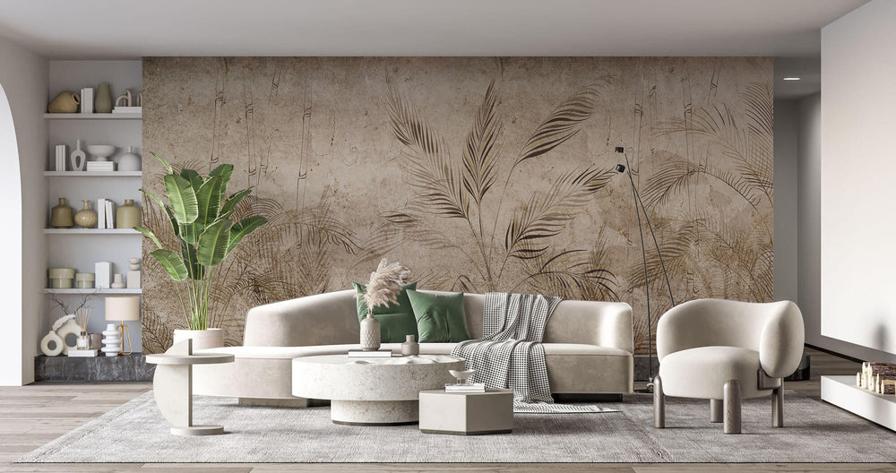Tapet Personalizat Leaf cu bambus si palmieri pe un fundal texturat in stil vintage deschis - SEPIA LIGHT FOREST