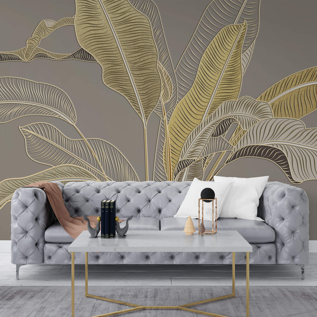 Tapet Personalizat Leaf cu frunze in stil plaster in relief in nuante aurii - GLITTER GOLD BANANA