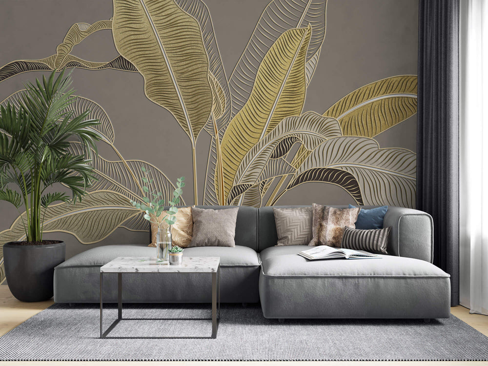 Tapet Personalizat Leaf cu frunze in stil plaster in relief in nuante aurii - GLITTER GOLD BANANA