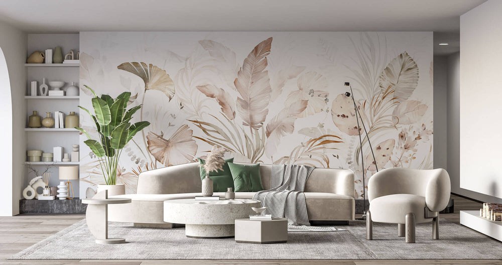 Tapet Personalizat Leaf cu frunze roz pastel in stil watercolor - LIGHT PINK WATERCOLOR