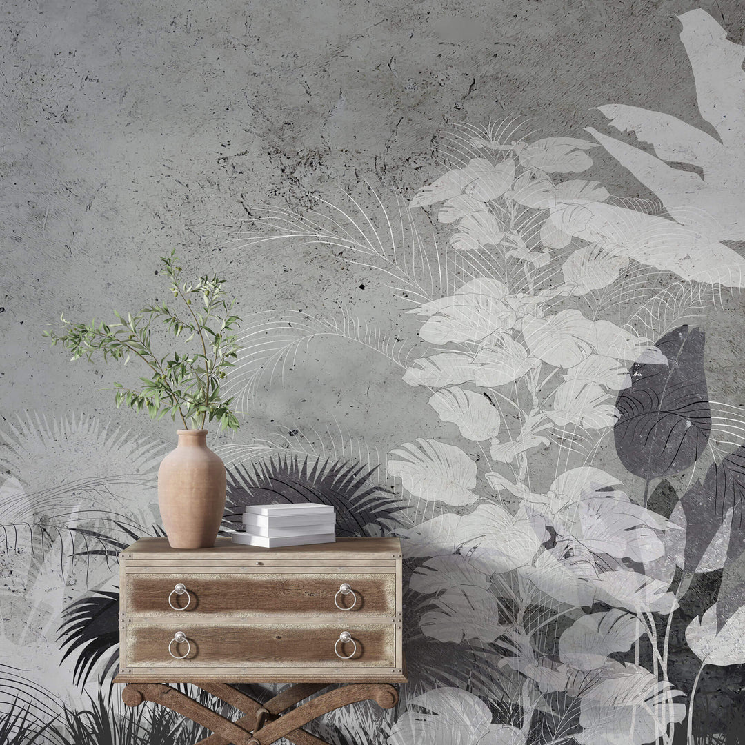 Tapet Personalizat Leaf cu frunze gri pe un fundal de ciment texturat - CONCRETE TROPICAL