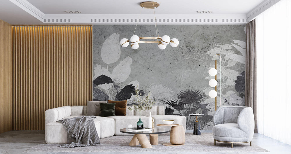 Tapet Personalizat Leaf cu frunze gri pe un fundal de ciment texturat - CONCRETE TROPICAL